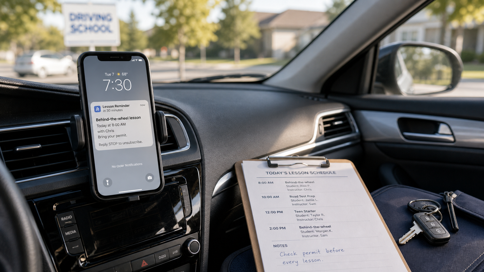 Parked training car with phone lesson reminder and printed lesson schedule clipboard
