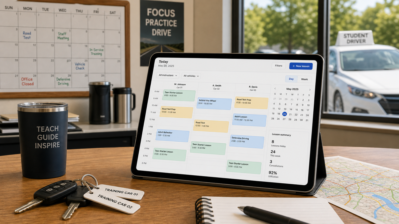Tablet showing driving lesson schedule beside car keys, route notes, and a training vehicle outside