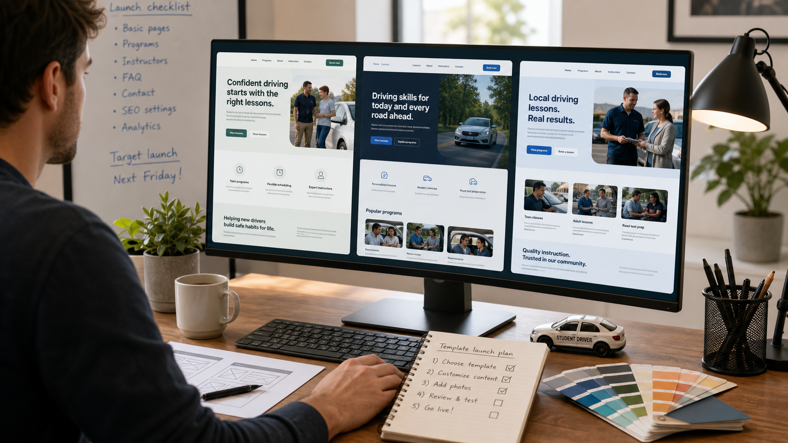 Designer workstation showing several driving school website templates on a wide monitor