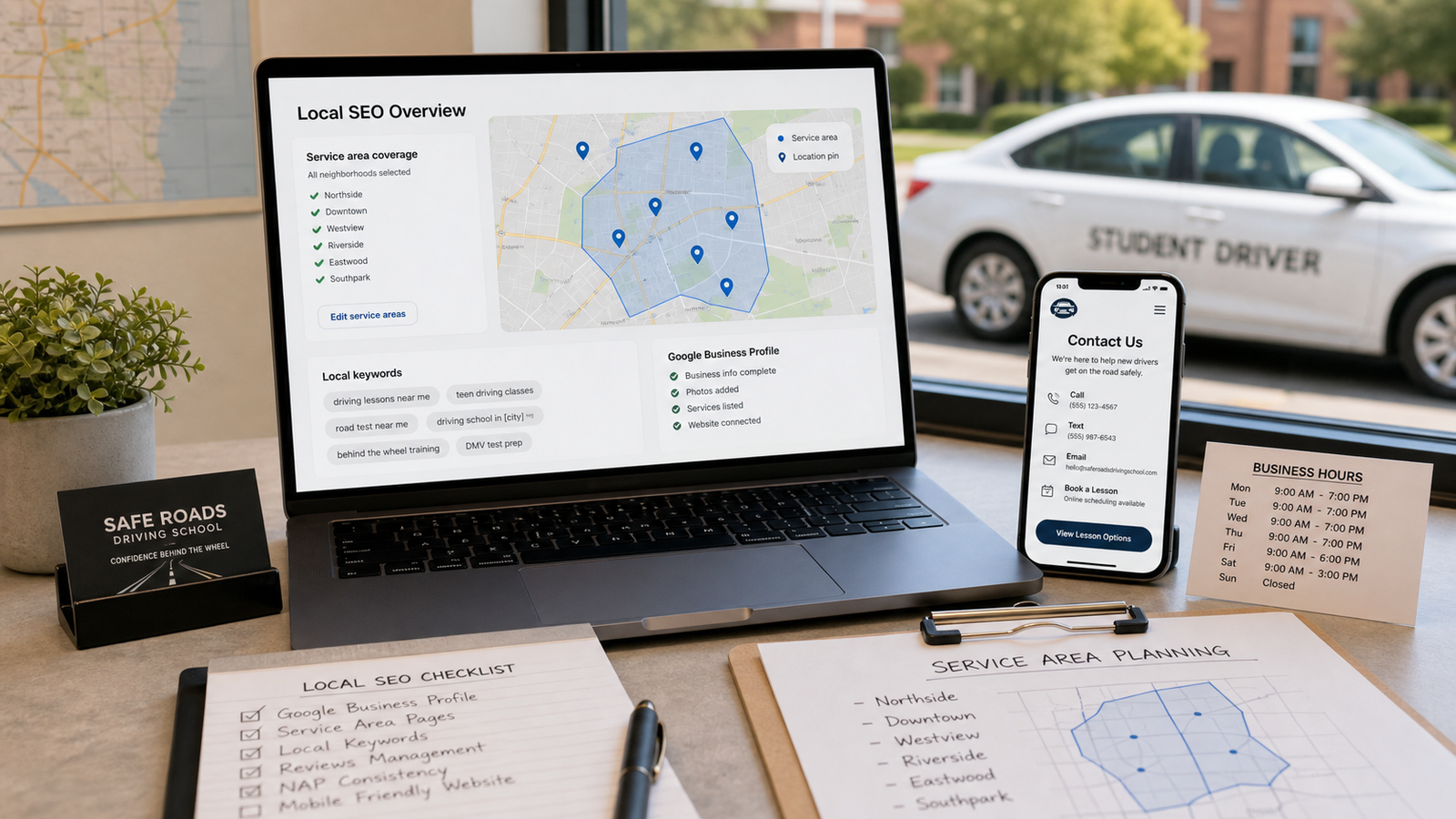 Laptop and phone showing local driving school map and service area planning at an office desk