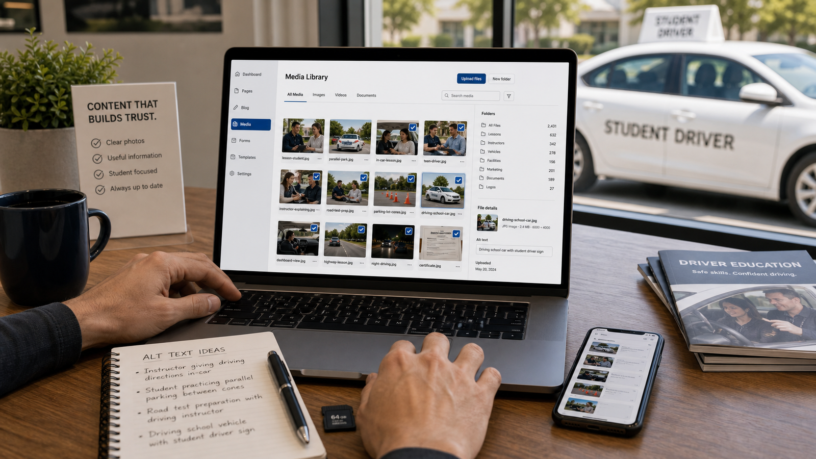 Driving school owner organizing website photos in a CMS media library on a laptop