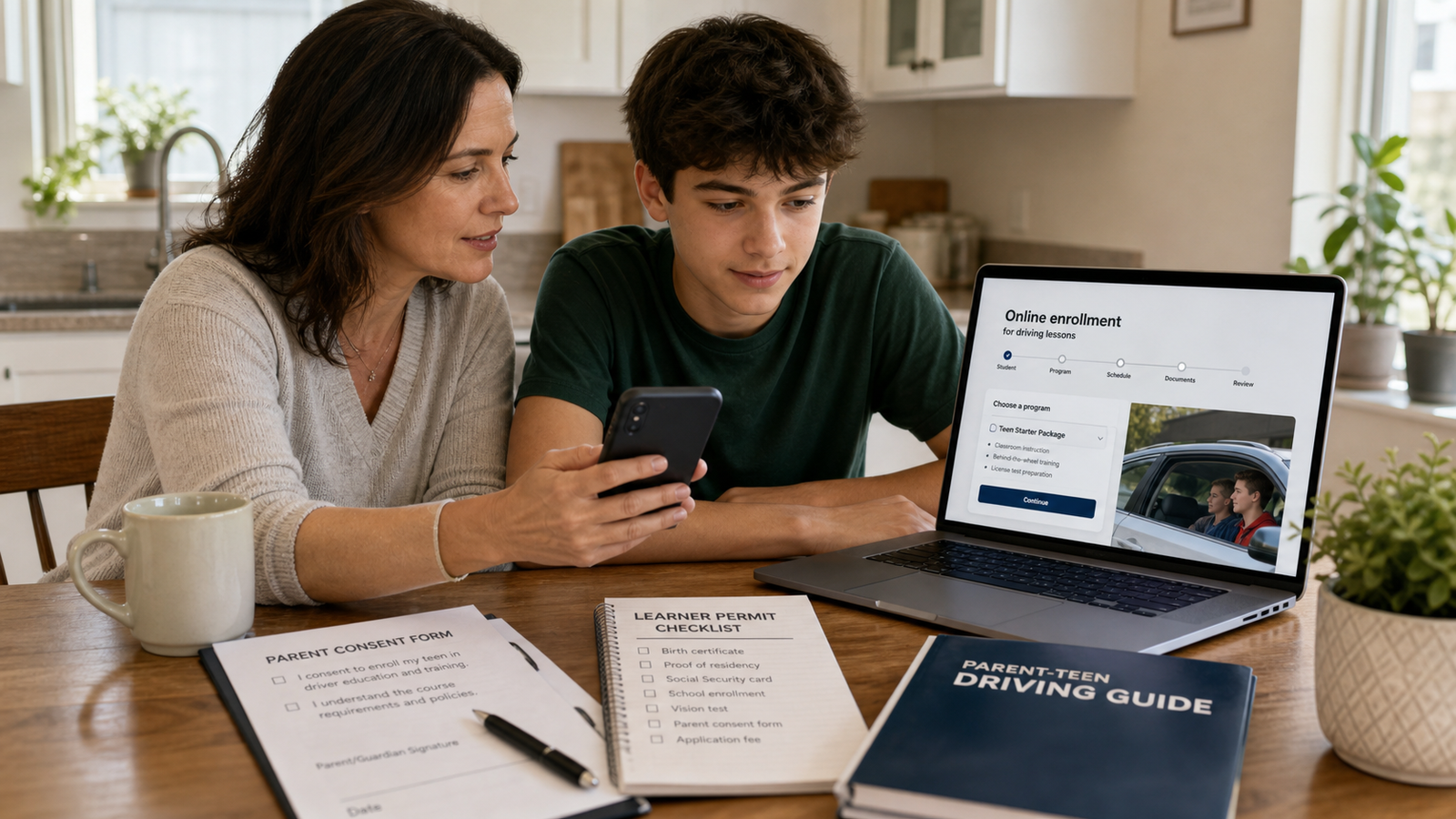 Parent and teen completing driving school enrollment on a laptop and phone with forms on a kitchen table
