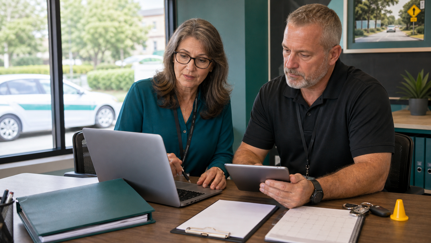 Driving school office manager and instructor reviewing organized student records at a desk