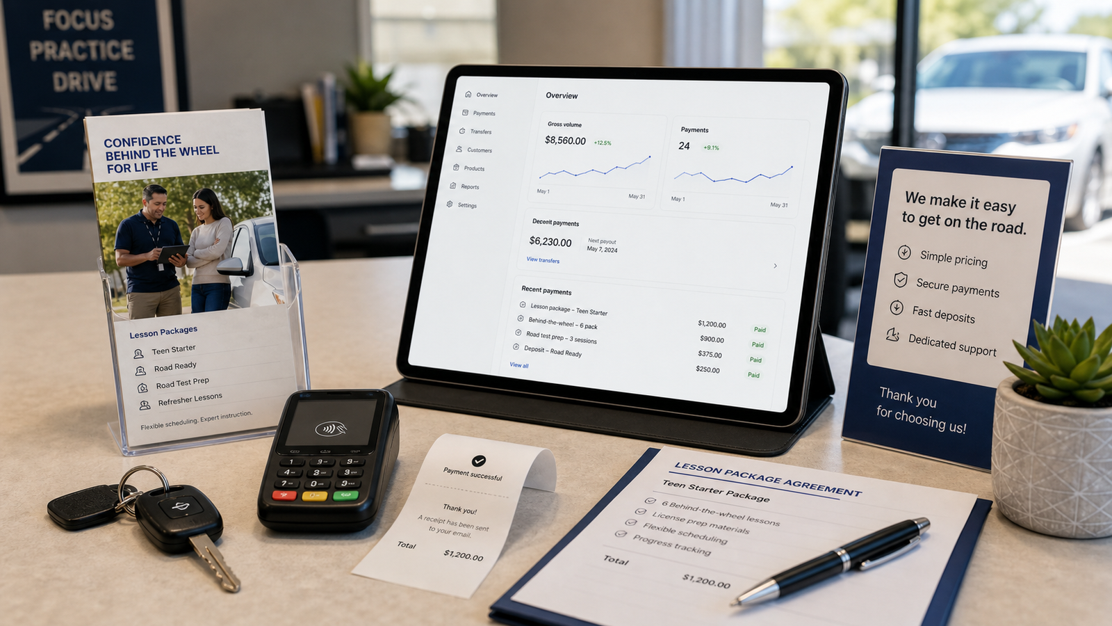 Driving school front desk with payment tablet, receipt paper, package brochure, and car keys