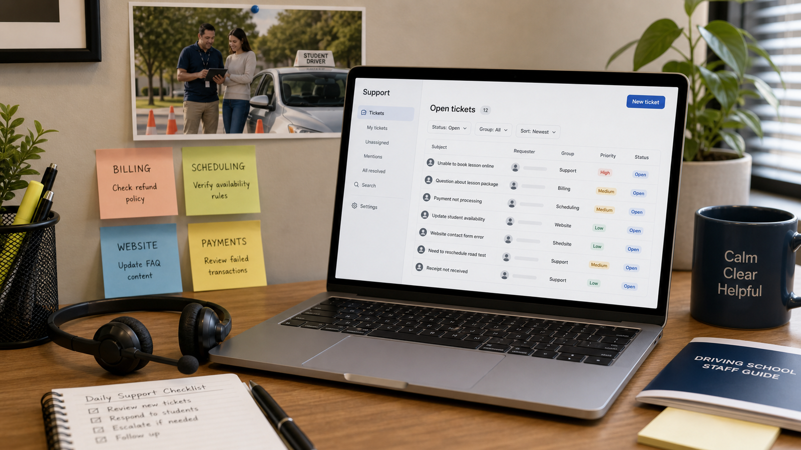 Driving school software support desk with a laptop ticket queue, headset, and category notes