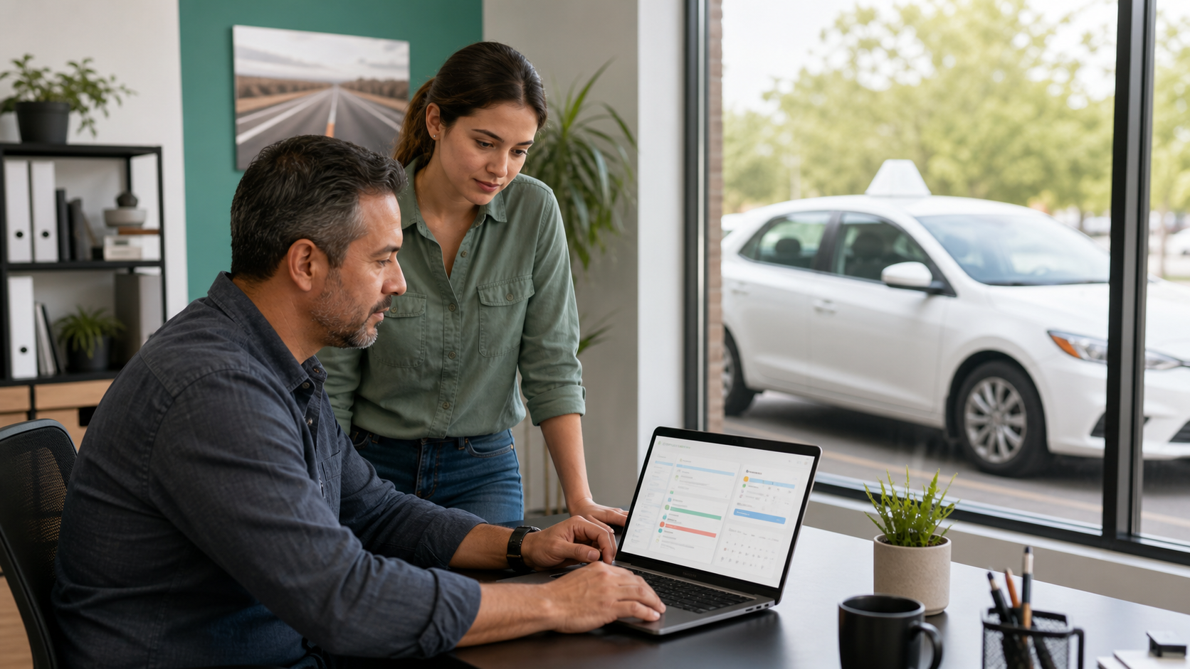 Driving school owner and instructor reviewing daily operations together at a laptop