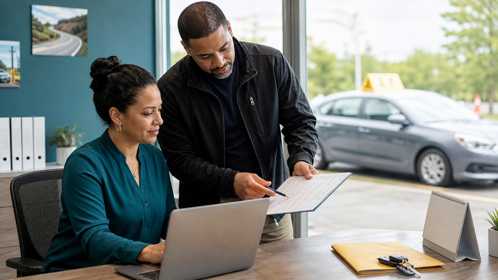 Driving school office manager and instructor reviewing an organized student workflow