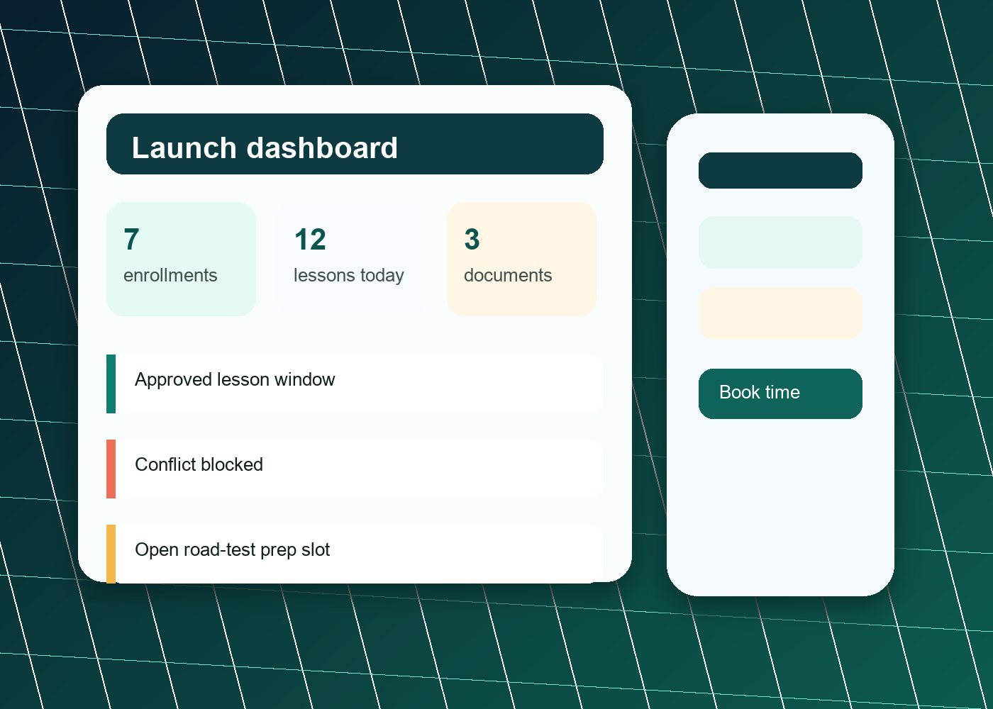 Driving school software dashboard with enrollment, scheduling, documents, and mobile booking previews
