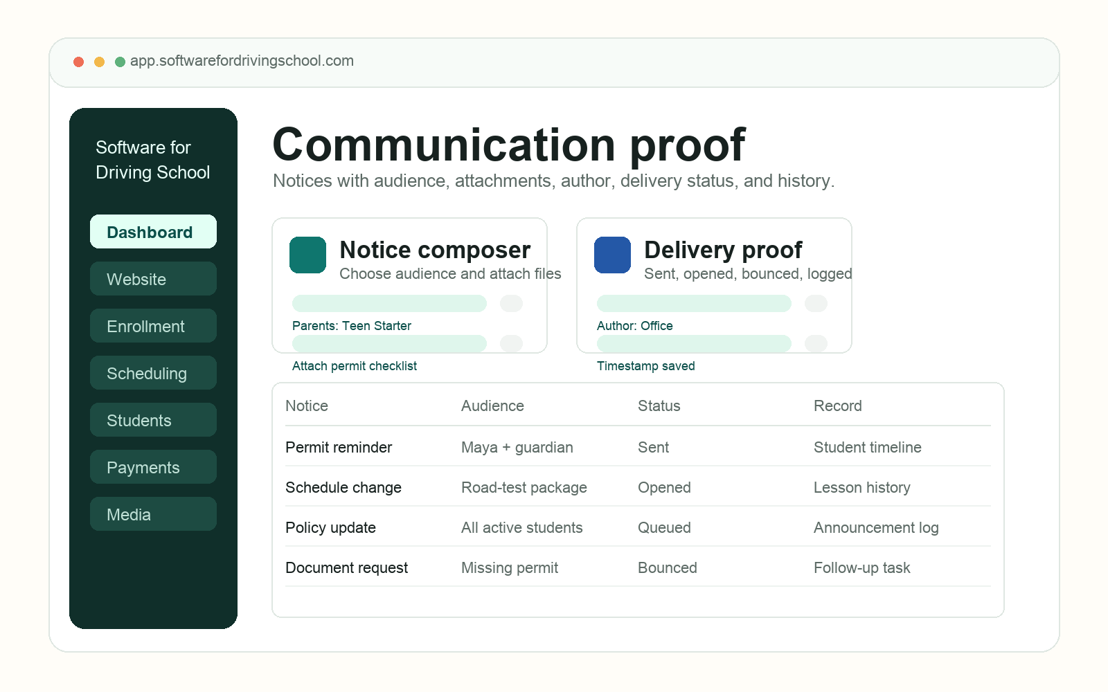 Communication log dashboard showing manual notice, delivery status, audience, attachments, author, sent date, and export history