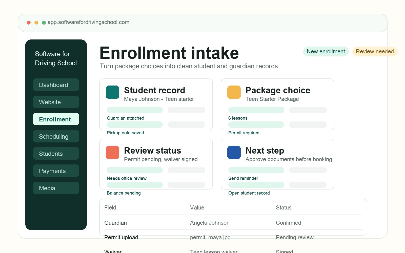 Driving school enrollment dashboard showing student intake, guardian fields, permit upload, waiver status, and package choice