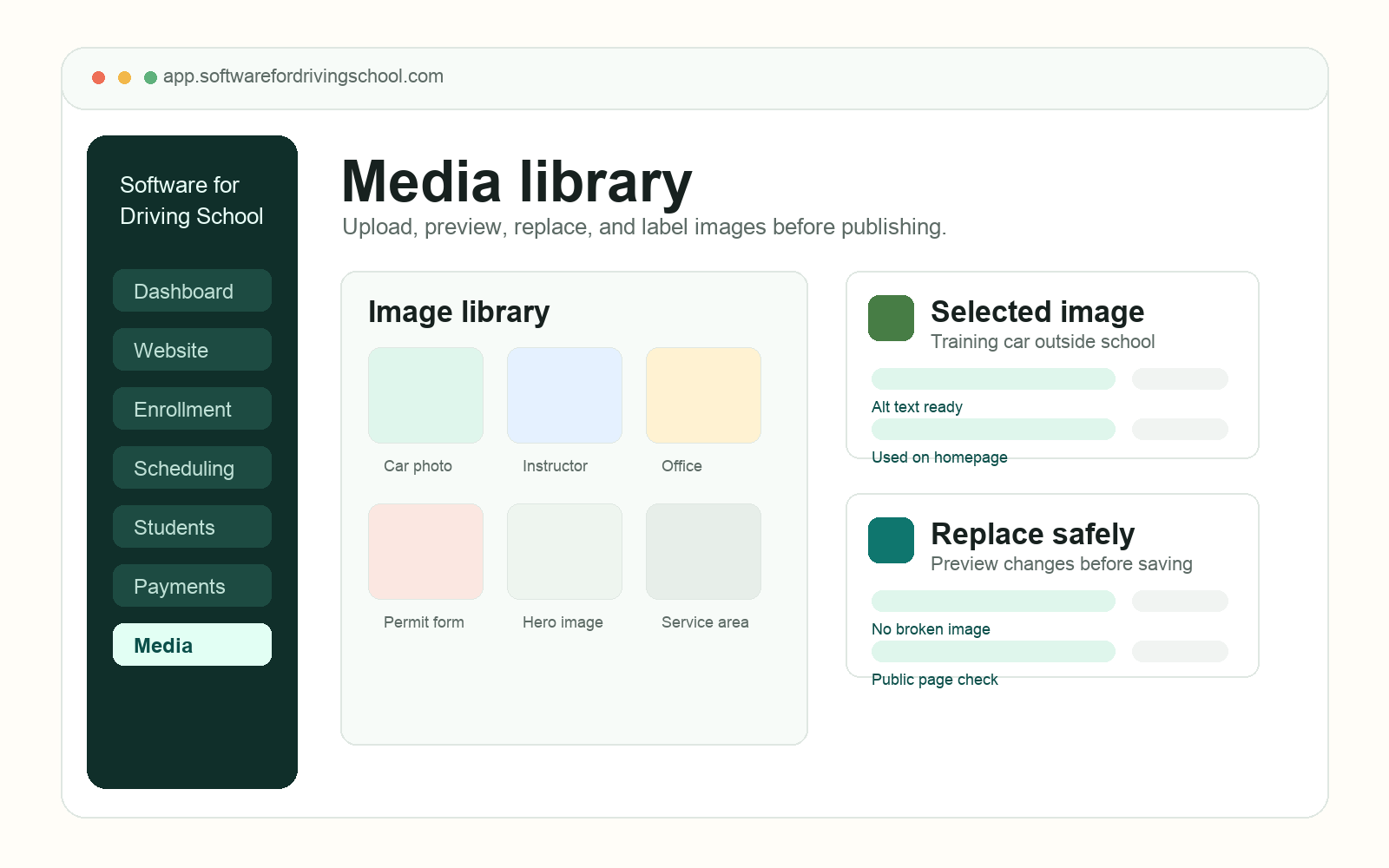 Media library dashboard showing image upload, preview, alt text, gallery ordering, and website page selection