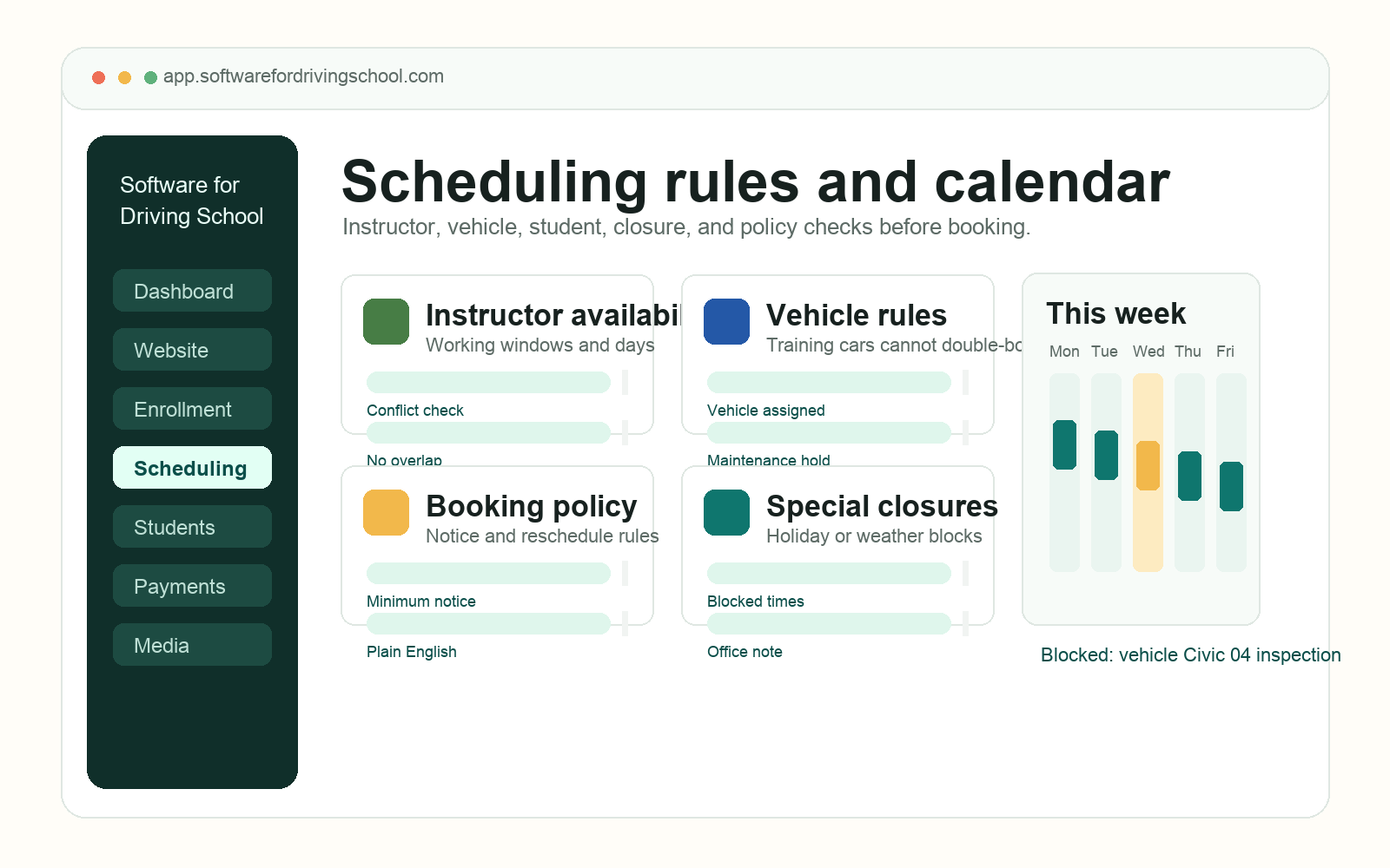 Driving school scheduling dashboard showing calendar, instructor availability, vehicle conflicts, booking rules, and closures