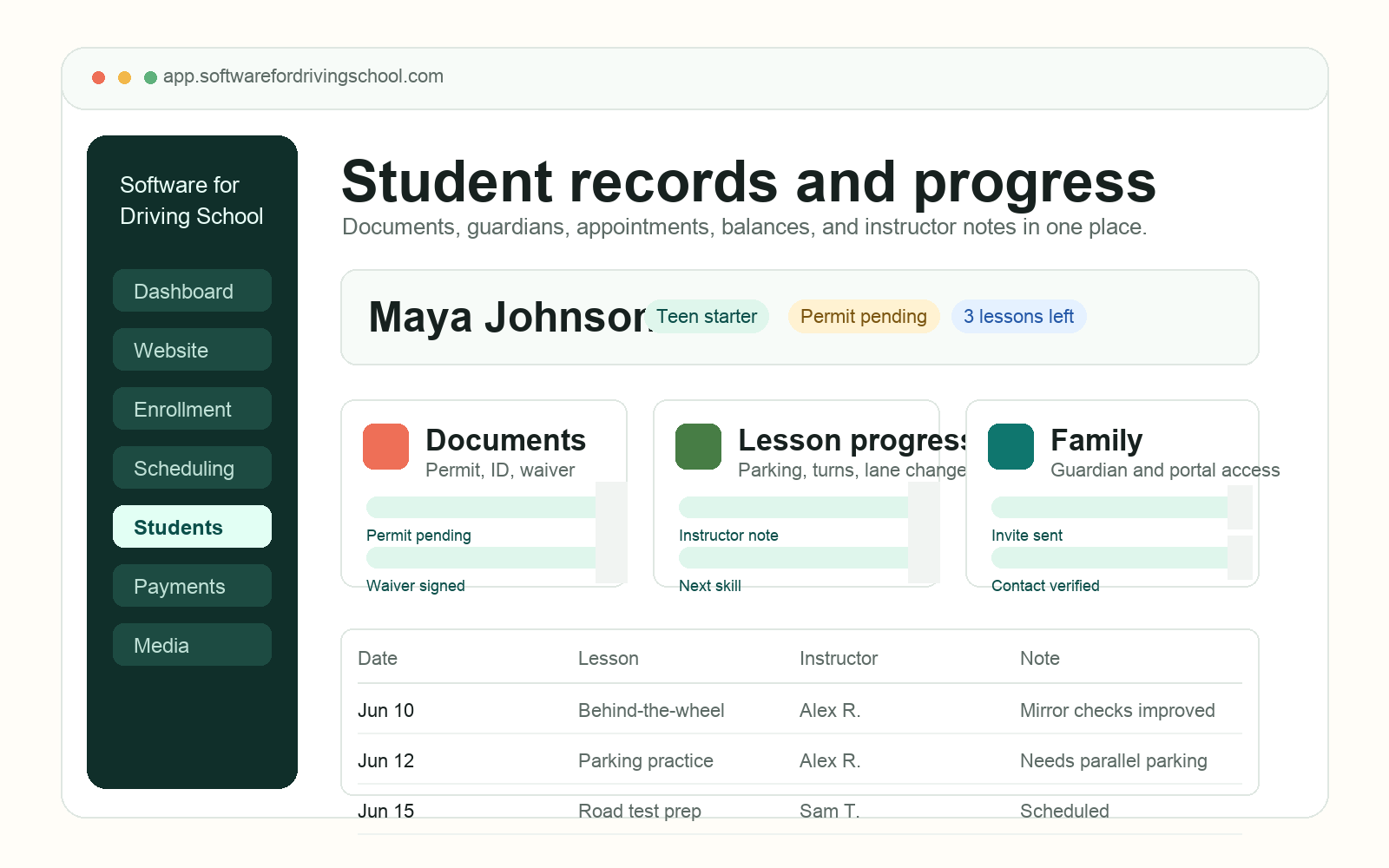 Student record dashboard with guardian details, permit document status, lesson progress notes, appointment history, and package balance