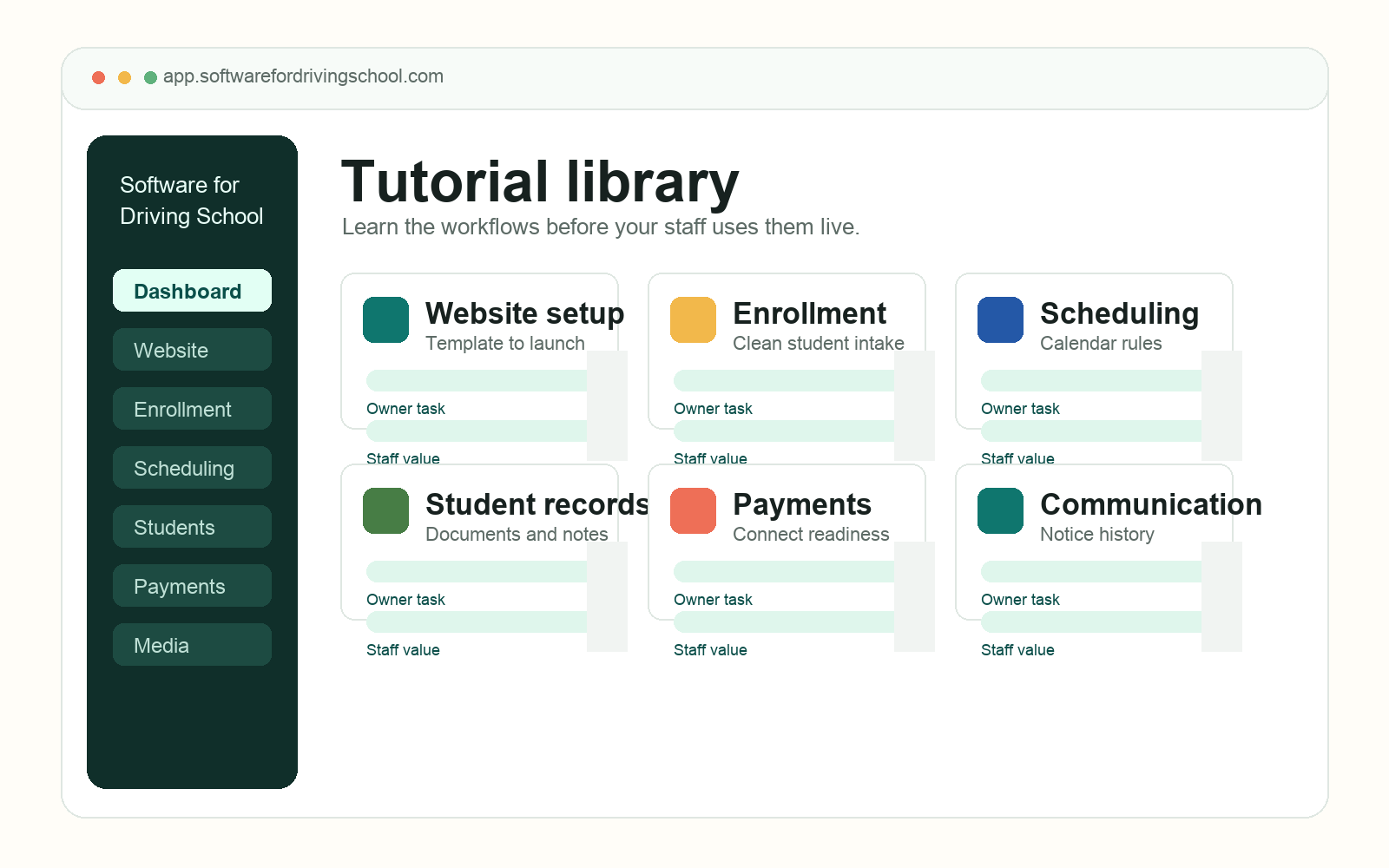 Software for Driving School tutorial library with guided cards for website setup, enrollment, scheduling, records, payments, communications, and media